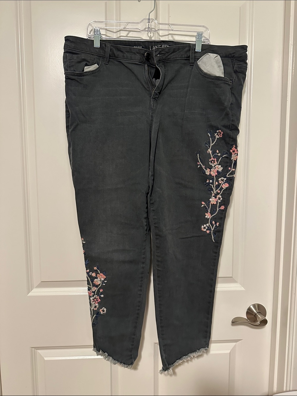 Lane Bryant Dark Grey Mid Rise Jeans with Pink Floral Embroidery 20